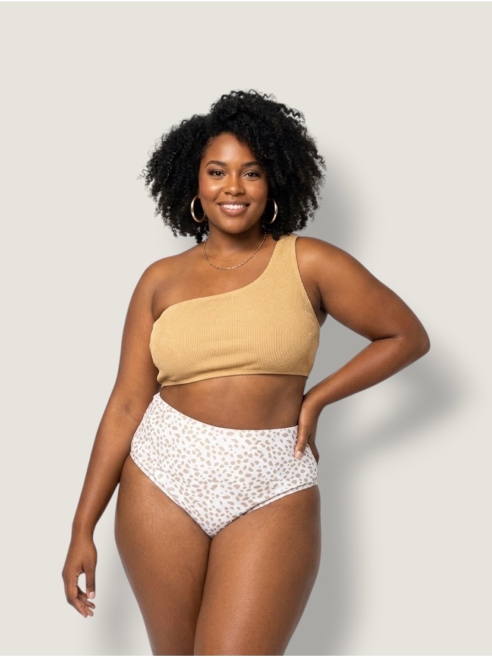 One-Shoulder white and Cream Leopard High-Waist Swim Set